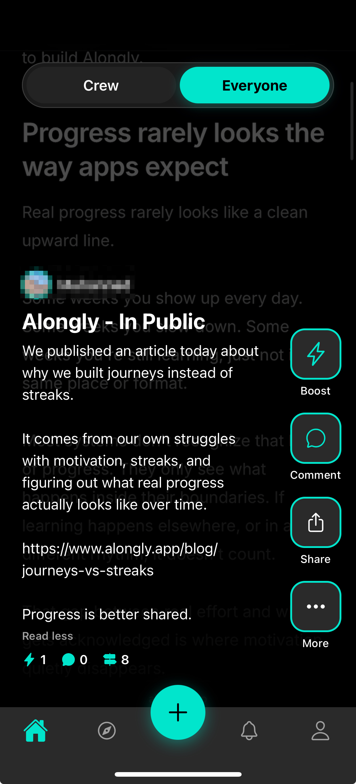 Alongly app feed screenshot showing an active progress called 'Alongly - In Public'