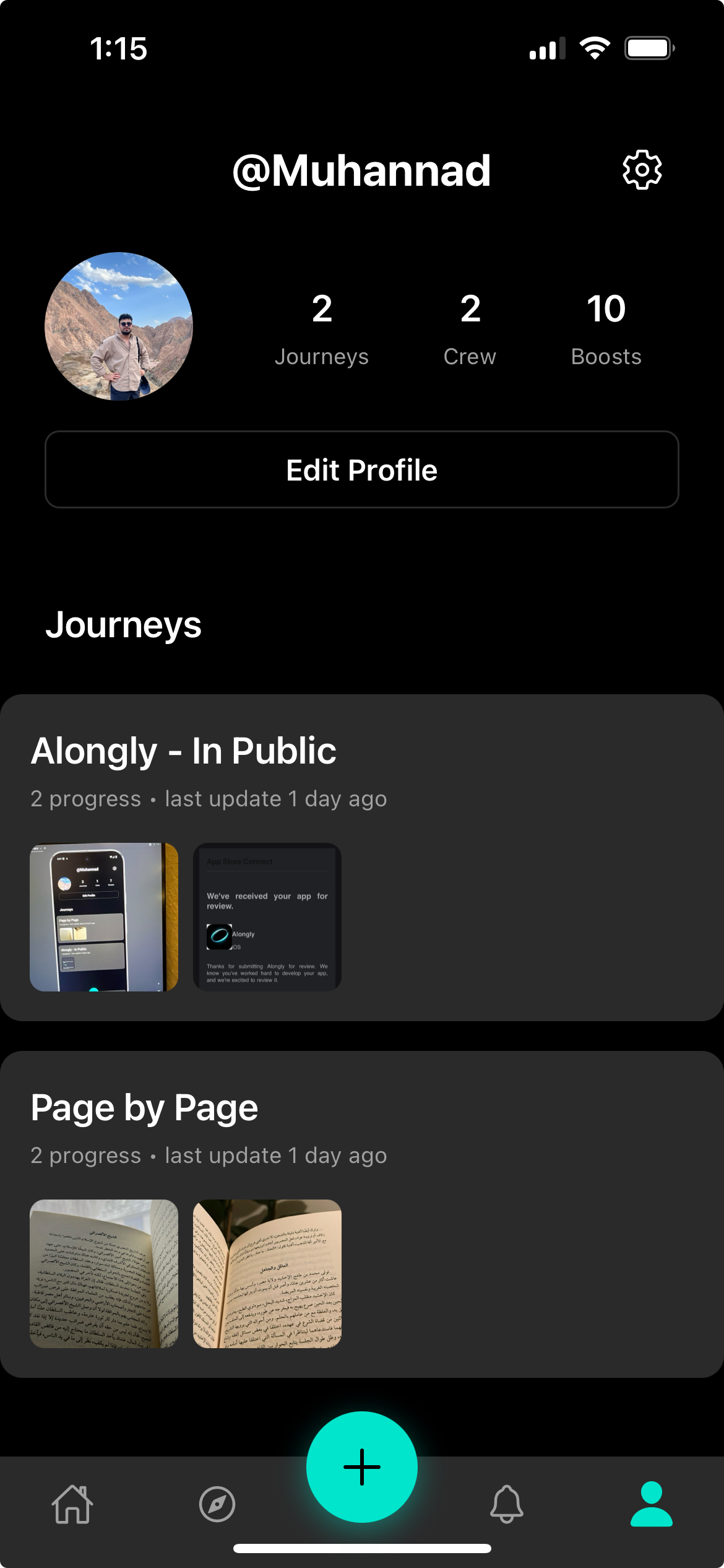 Profile screen showing multiple journeys
