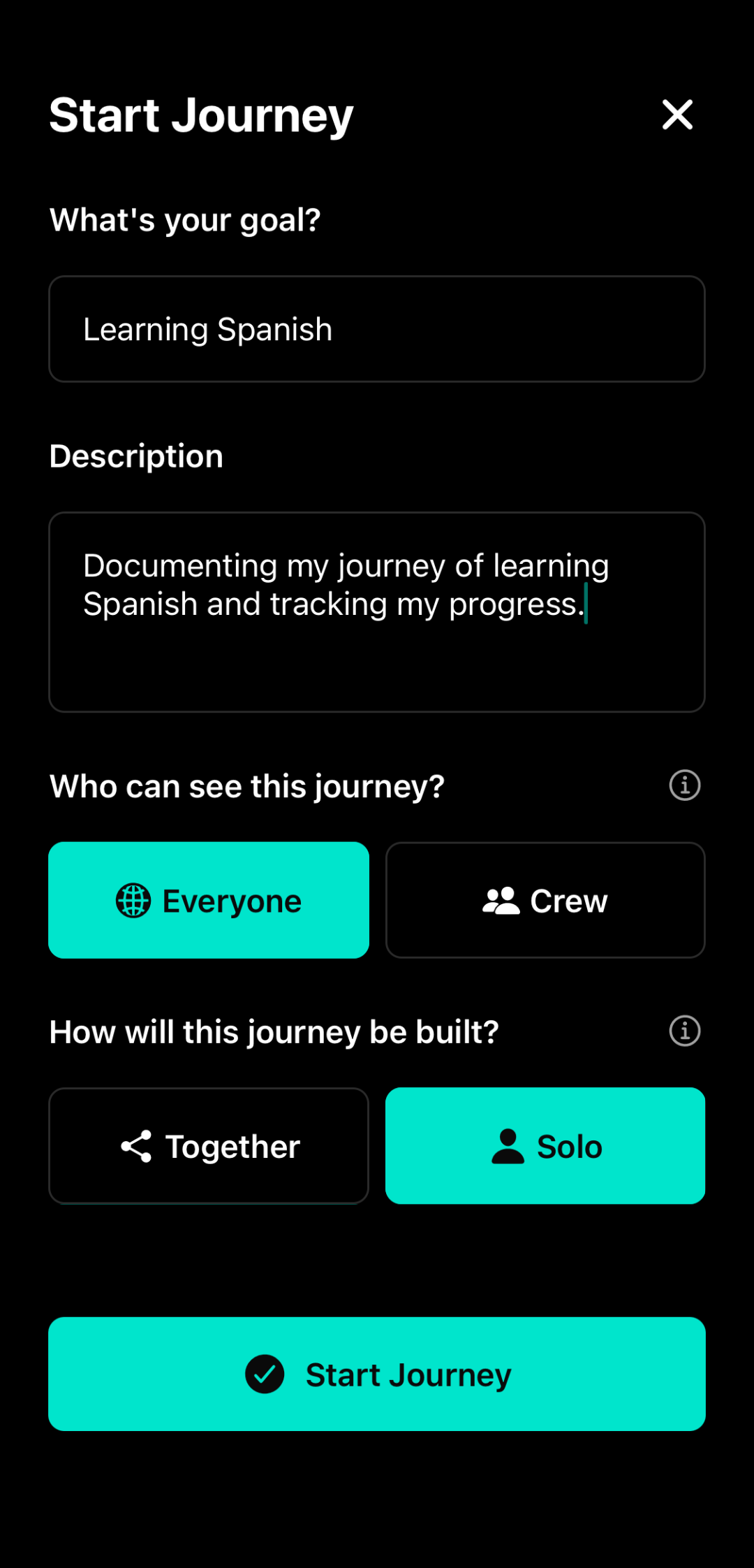 Alongly app profile screenshot showing journey creation screen.